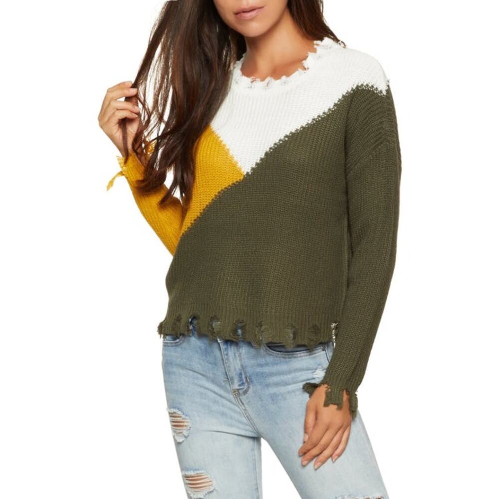 Full Circle Trends Colorblock Ripped Hem Sweater Olive NWT